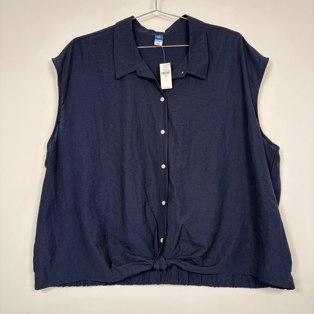 NWT Old Navy Womens Shirt XXL Tall Navy Blue Linen Blend Sleeveless TieFront Top